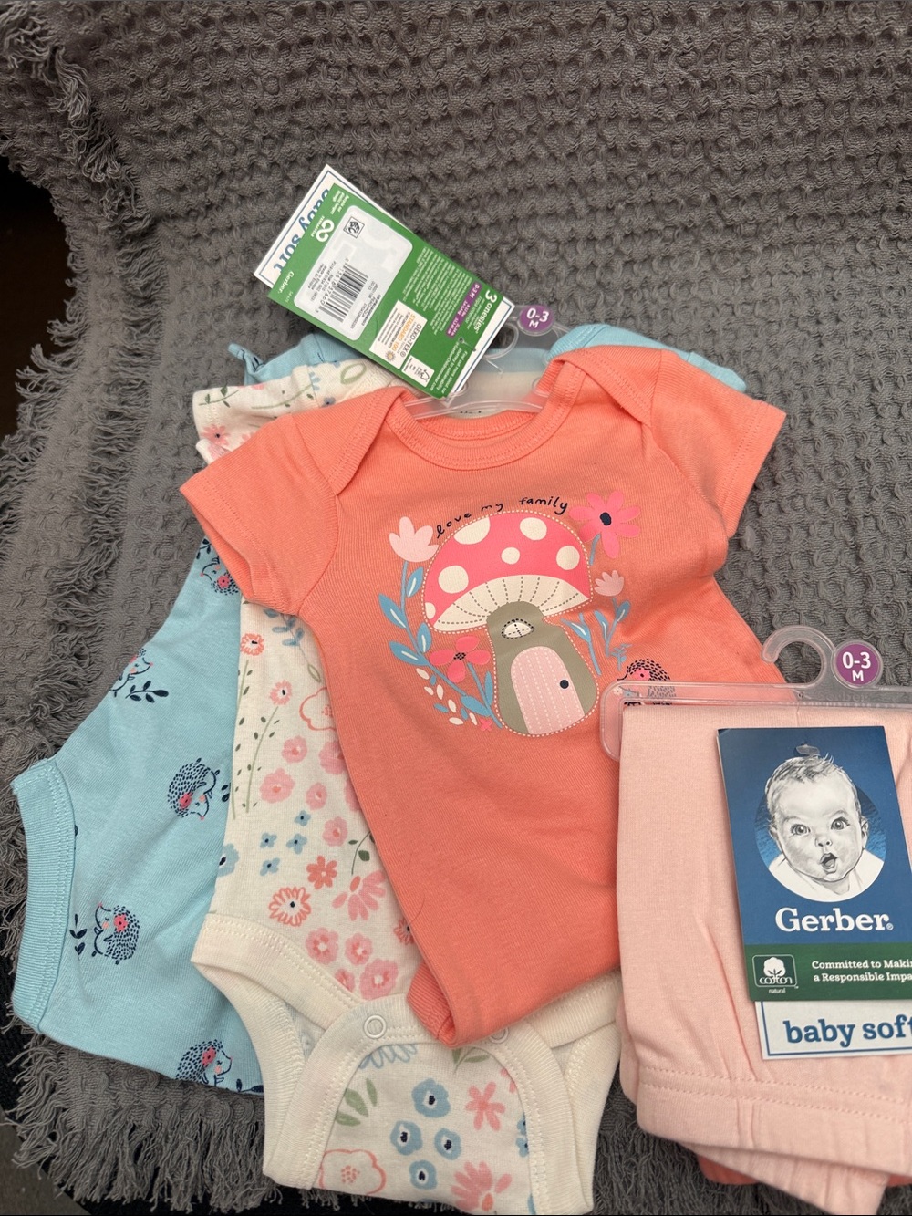 Gerber Coral and Light Blue Baby Girls 3-Pack Bodysuits